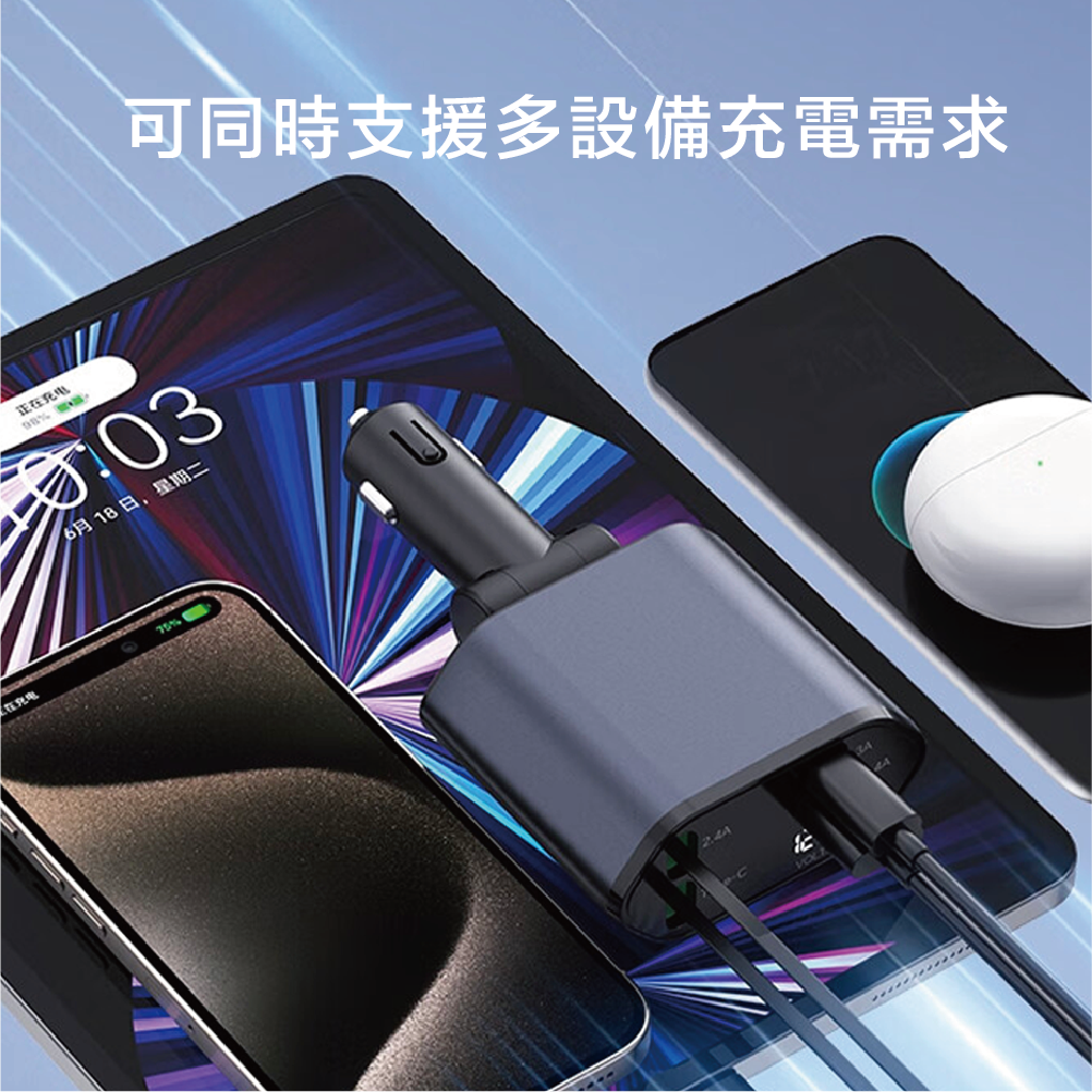 點煙器擴充雙線伸縮車充120W快充神器【數位顯示】